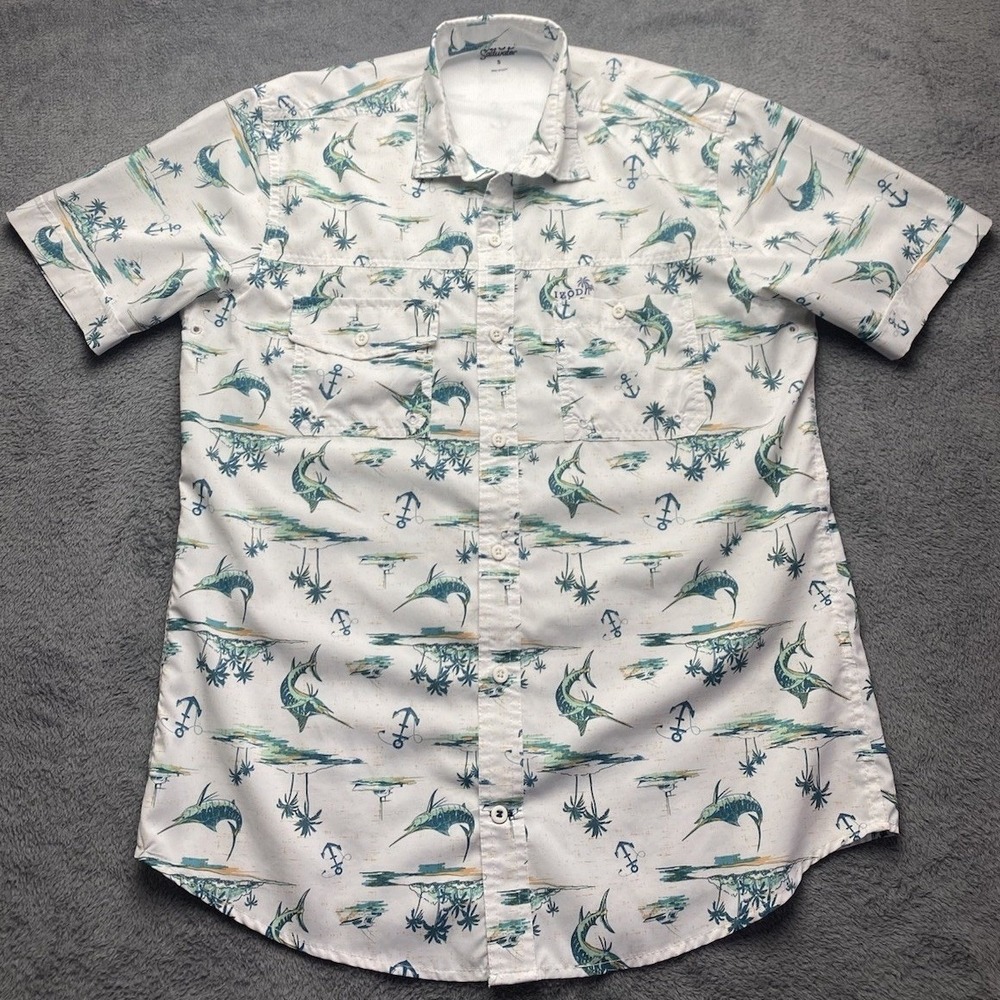 IZOD‎ Saltwater Shirt Mens Small White Marlin Print Short Sleeve Button Casual